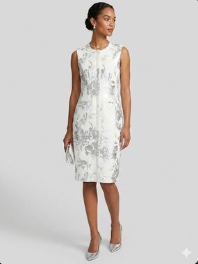 Calvin Klein Metallic Silver Floral Sheath Dress White Size 2 NWT